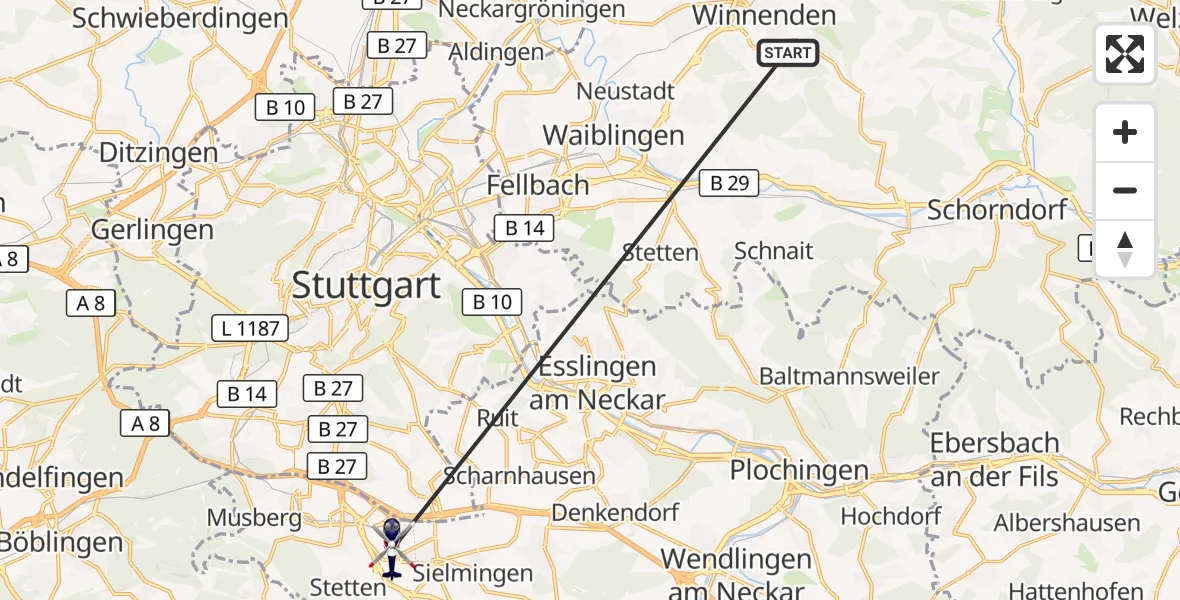 Flugroute Polizeihubschrauber Winnenden - Flughafen Stuttgart, 02 Juli 2026, 14:03