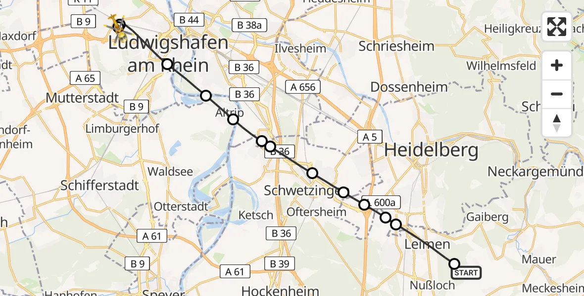 Flugroute Rettungshubschrauber Nußloch - Ludwigshafen Accident Hospital, 02 Juli 2026, 14:06