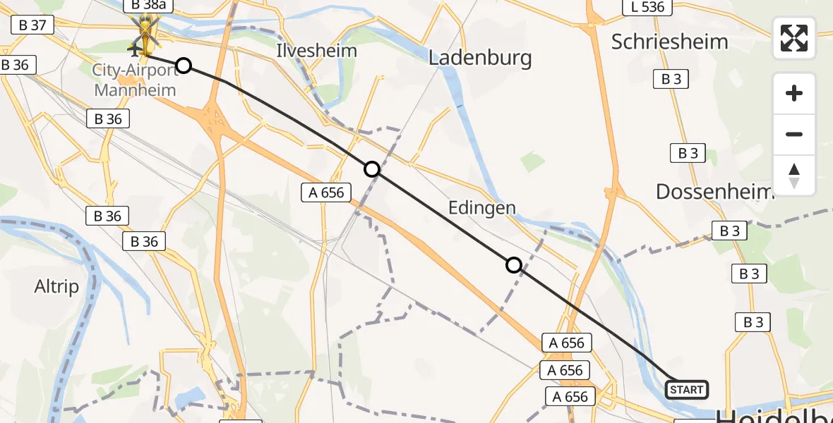 Flugroute Rettungshubschrauber Heidelberg - Mannheim-City Flughafen, 02 Juli 2026, 14:06