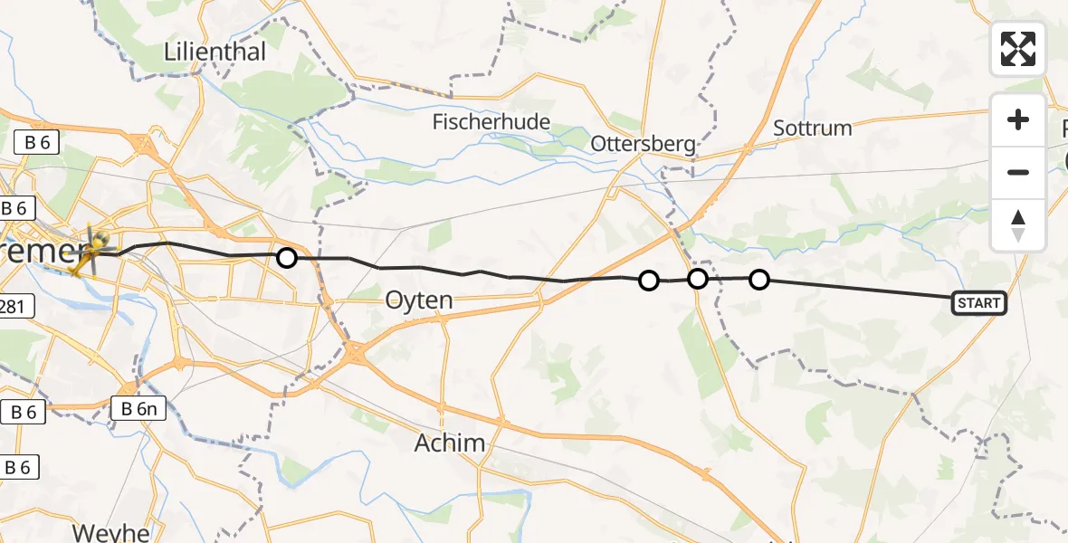 Flugroute Rettungshubschrauber Ahausen - Bremen, 02 Juli 2026, 14:09