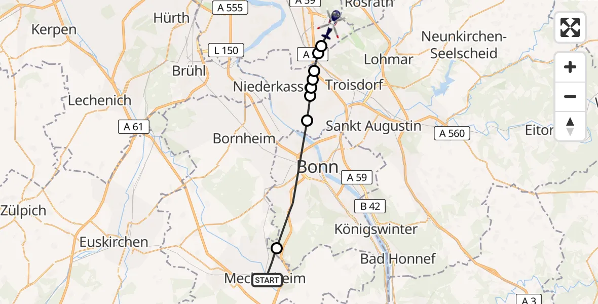 Flugroute Polizeihubschrauber Meckenheim - Köln Bonn Flughafen, 02 Juli 2026, 14:18