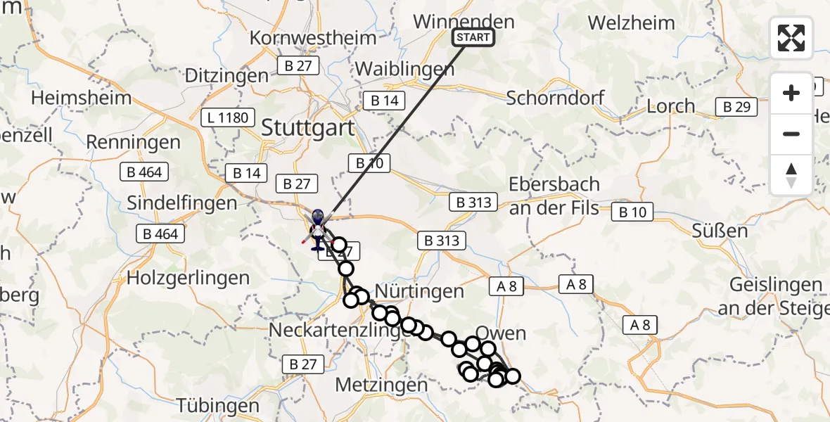 Flugroute Polizeihubschrauber Winnenden - Flughafen Stuttgart, 02 Juli 2026, 14:20