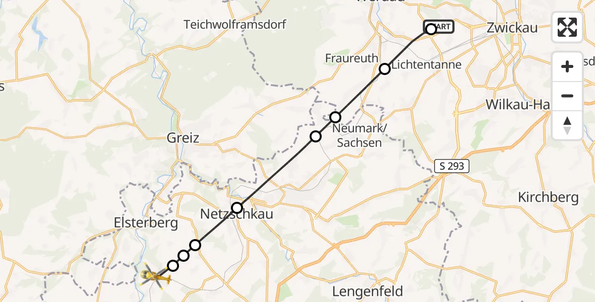 Flugroute Rettungshubschrauber ADAC Air Rescue Station Zwickau Hubschrauberlandeplatz - Pöhl, 02 Juli 2026, 14:25