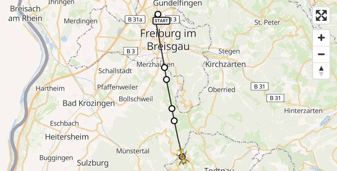 Flugroute Ambulanzhubschrauber Freiburg im Breisgau Flugplatz - Wieden, 02 Juli 2026, 14:26