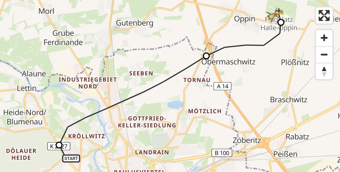Flugroute Rettungshubschrauber Halle (Saale) University Hospital - Halle-Oppin Flugplatz, 02 Juli 2026, 14:27