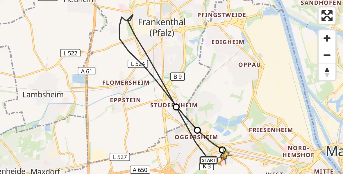 Flugroute Rettungshubschrauber Ludwigshafen am Rhein - Ludwigshafen Accident Hospital, 02 Juli 2026, 14:28