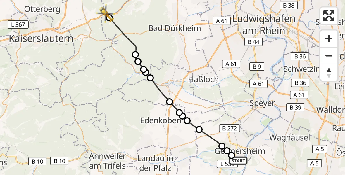 Flugroute Rettungshubschrauber Germersheim - Wattenheim, 02 Juli 2026, 14:29
