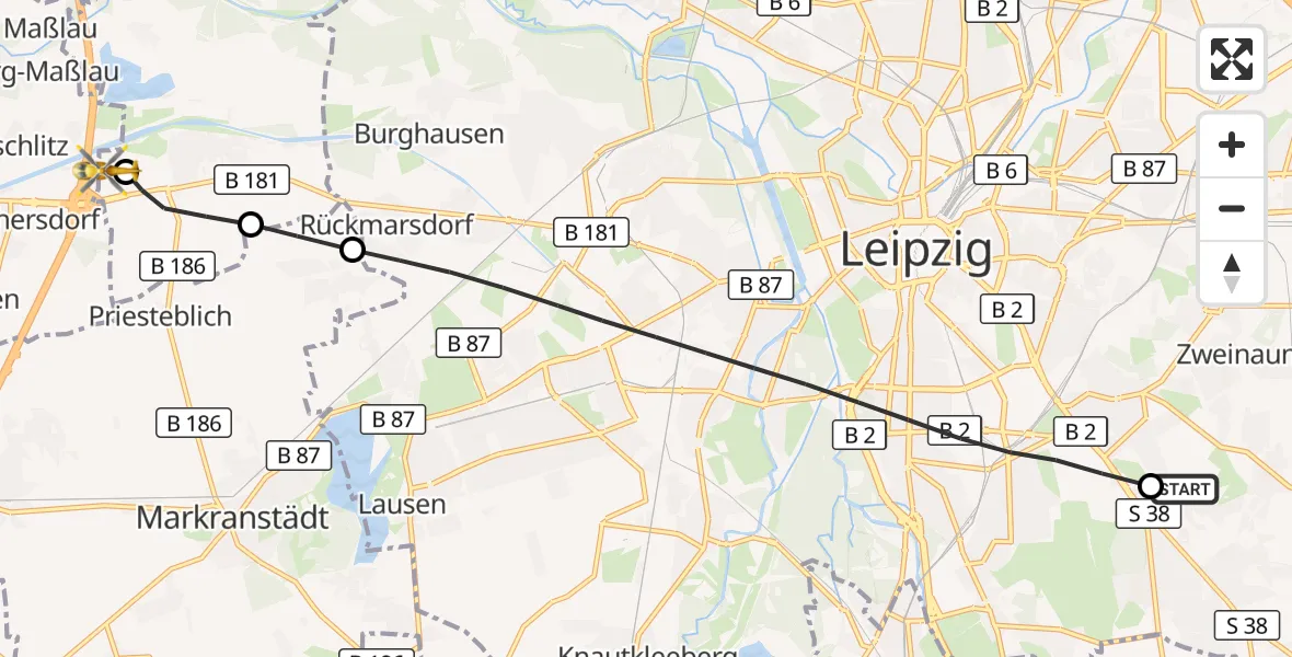 Flugroute Rettungshubschrauber Leipzig Heart Center Rooftop Hubschrauberlandeplatz - ADAC Air Rescue Station Leipzig/Schkeuditz-Dölzig Hubschrauberlandeplatz (Christoph 61), 02 Juli 2026, 14:32