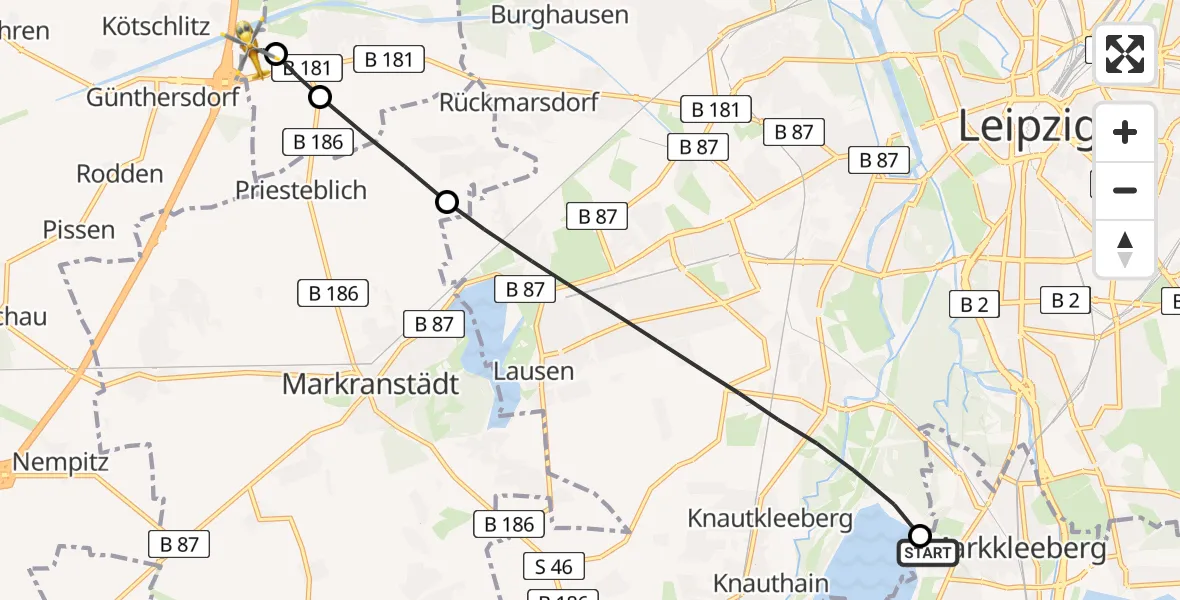 Flugroute Rettungshubschrauber Markkleeberg - ADAC Air Rescue Station Leipzig/Schkeuditz-Dölzig Hubschrauberlandeplatz (Christoph 61), 02 Juli 2026, 14:34