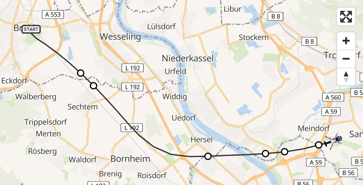 Flugroute Polizeihubschrauber Brühl - Sankt Augustin, 02 Juli 2026, 14:37