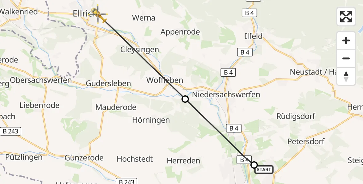 Flugroute Rettungshubschrauber Südharz Hospital Nordhausen - Ellrich, 02 Juli 2026, 14:39