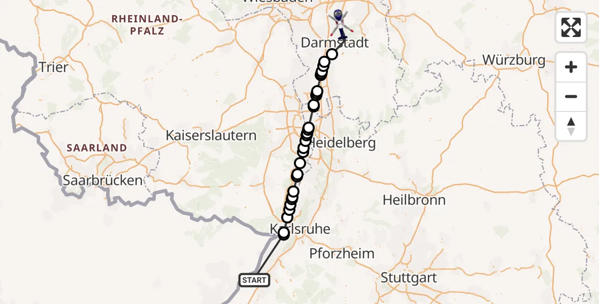Flugroute Polizeihubschrauber Karlsruhe Baden-Baden Flughafen - Egelsbach, 02 Juli 2026, 14:43