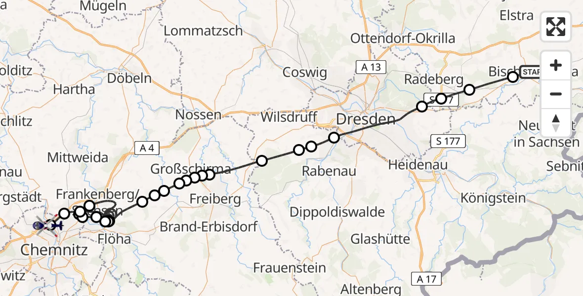Flugroute Polizeihubschrauber Bischofswerda - Chemnitz-Glösa Industrial Park Hubschrauberlandeplatz, 02 Juli 2026, 14:51