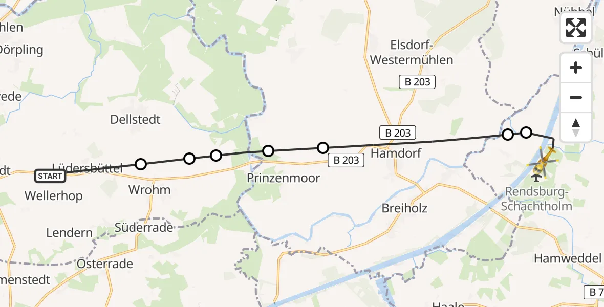 Flugroute Ambulanzhubschrauber Süderdorf - Rendsburg-Schachtholm Flugplatz, 02 Juli 2026, 14:51