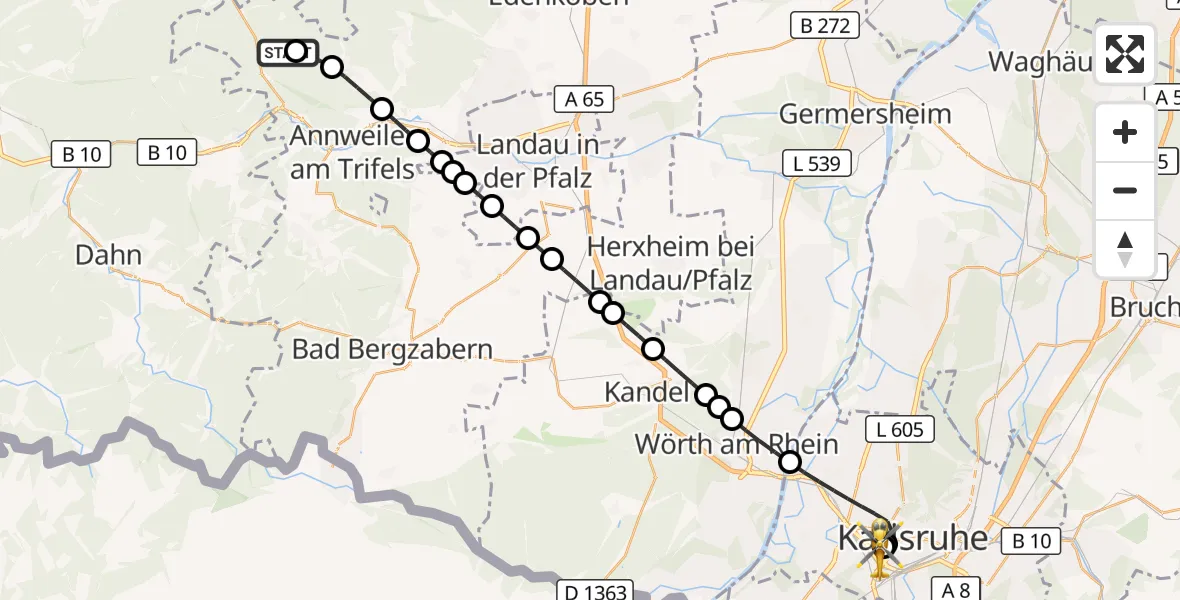 Flugroute Ambulanzhubschrauber Annweiler am Trifels - Sankt Vincentius Hospital, 02 Juli 2026, 14:54