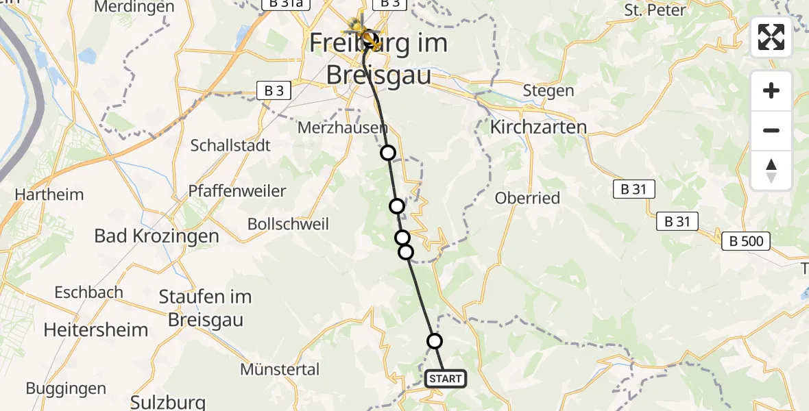 Flugroute Ambulanzhubschrauber Wieden - Freiburg University Hospital Heliport 2, 02 Juli 2026, 14:55