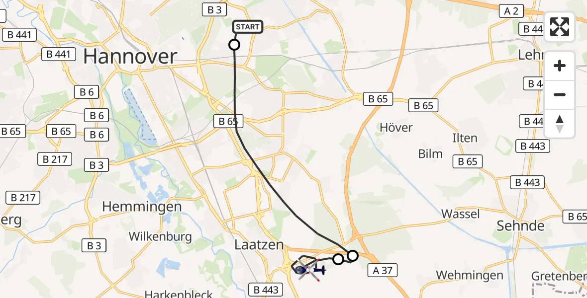 Flugroute Polizeihubschrauber Hannover Luftrettung Hubschrauberlandeplatz (Christoph 4) - Laatzen, 02 Juli 2026, 14:57