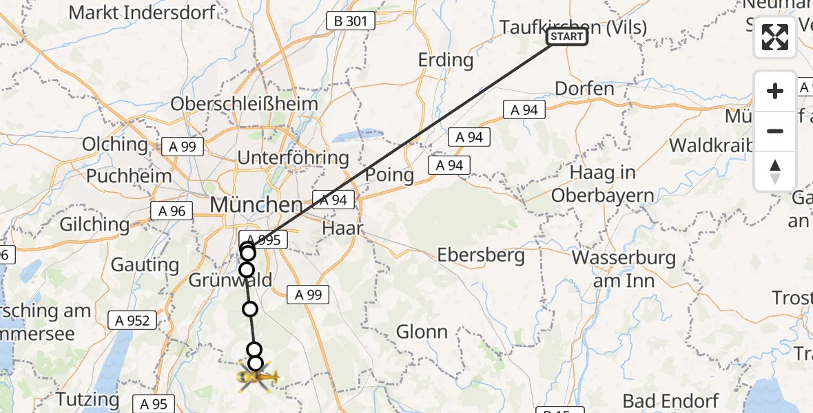 Flugroute Rettungshubschrauber Taufkirchen (Vils) - Egling, 02 Juli 2026, 14:57