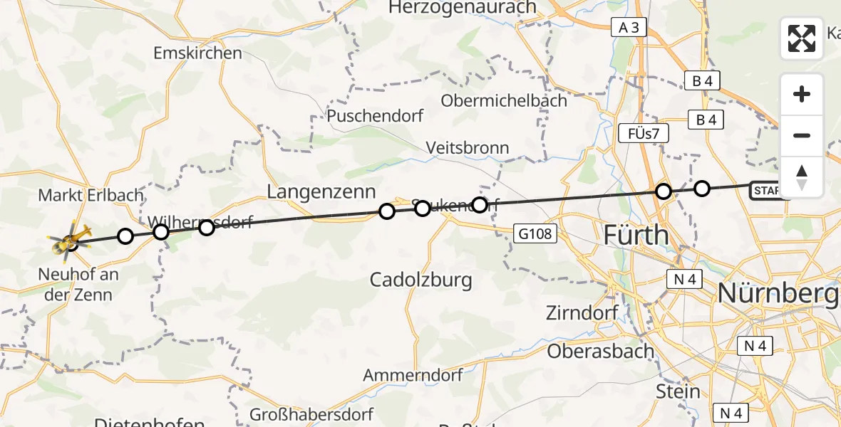 Flugroute Ambulanzhubschrauber Flughafen Nuremberg - Neuhof a.d.Zenn, 02 Juli 2026, 15:00