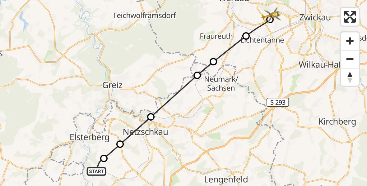 Flugroute Rettungshubschrauber Pöhl - ADAC Air Rescue Station Zwickau Hubschrauberlandeplatz, 02 Juli 2026, 15:03
