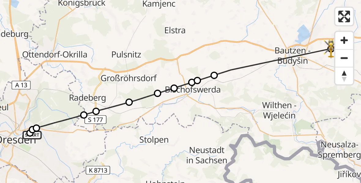 Flugroute Rettungshubschrauber Dresden University Hospital - Bautzen Flugplatz, 02 Juli 2026, 15:08
