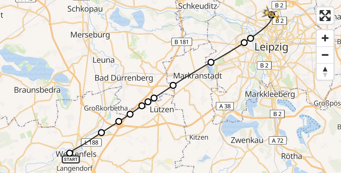 Flugroute Rettungshubschrauber Asklepios Clinic Weißenfels - Sankt Georg Hospital Leipzig Reserve, 02 Juli 2026, 15:10