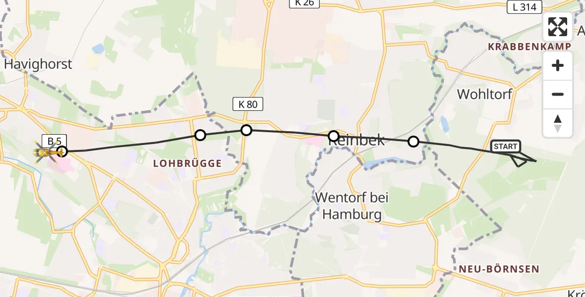 Flugroute Ambulanzhubschrauber Wohltorf - Christoph Hansa ADAC Hubschrauberlandeplatz, 02 Juli 2026, 15:26