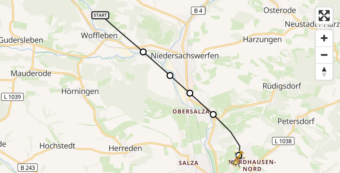Flugroute Rettungshubschrauber Ellrich - Südharz Hospital Nordhausen, 02 Juli 2026, 15:27