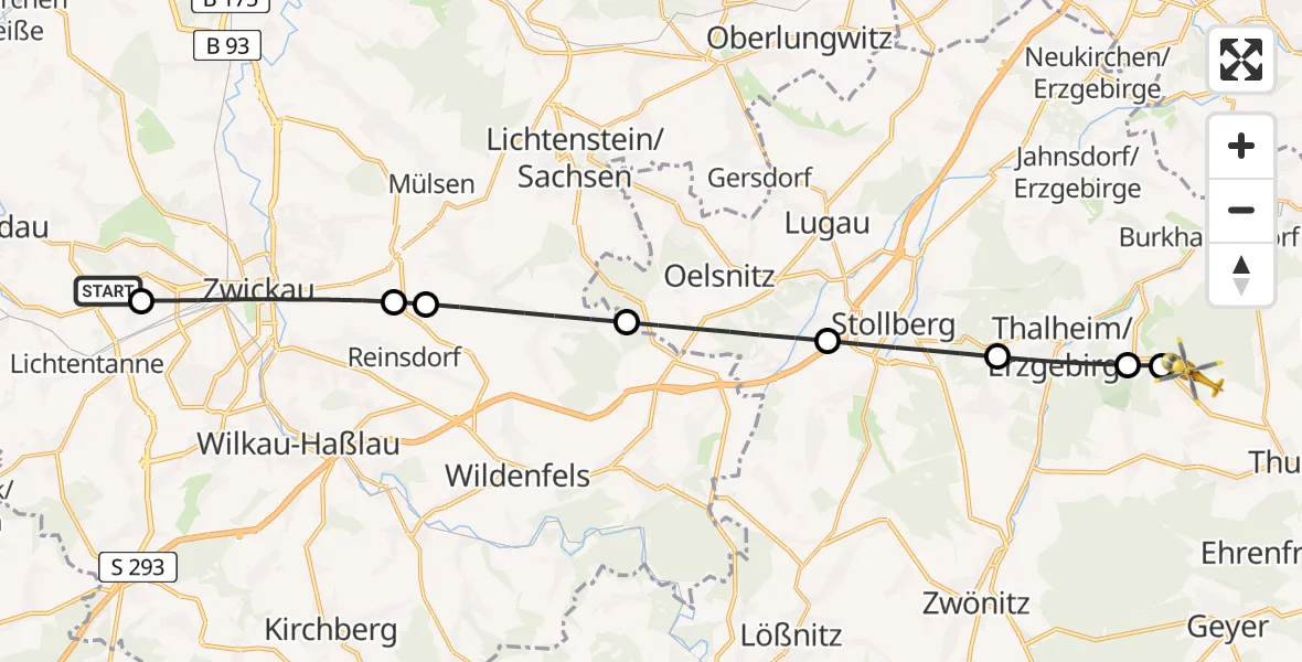Flugroute Rettungshubschrauber ADAC Air Rescue Station Zwickau Hubschrauberlandeplatz - Auerbach, 02 Juli 2026, 15:29