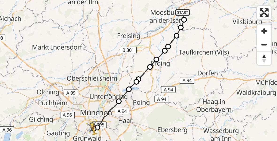 Flugroute Rettungshubschrauber Eching - ADAC Air Rescue Center Hubschrauberlandeplatz (Christoph 1), 02 Juli 2026, 15:30