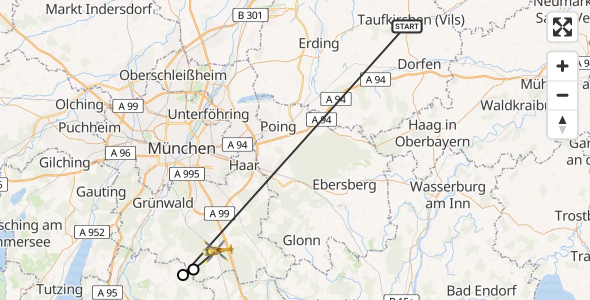 Flugroute Rettungshubschrauber Taufkirchen (Vils) - Sauerlach, 02 Juli 2026, 15:32