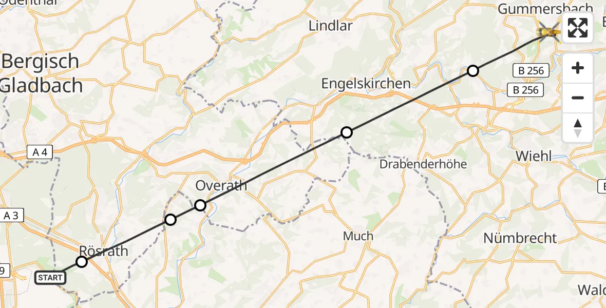 Flugroute Ambulanzhubschrauber Köln Bonn Flughafen - Gummersbach, 02 Juli 2026, 15:34