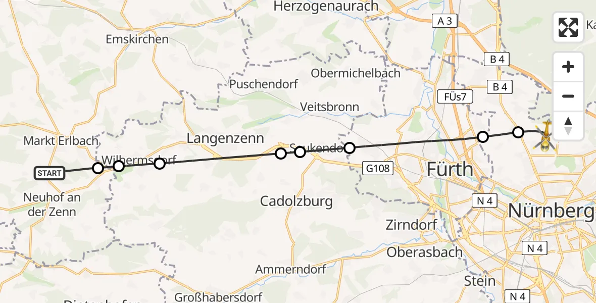 Flugroute Ambulanzhubschrauber Markt Erlbach - Flughafen Nuremberg, 02 Juli 2026, 15:39