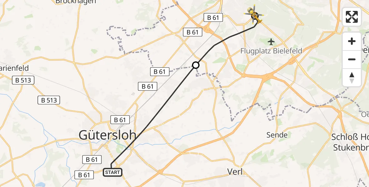 Flugroute Rettungshubschrauber Gütersloh - Luftrettungszentrum Bielefeld, 02 Juli 2026, 15:41