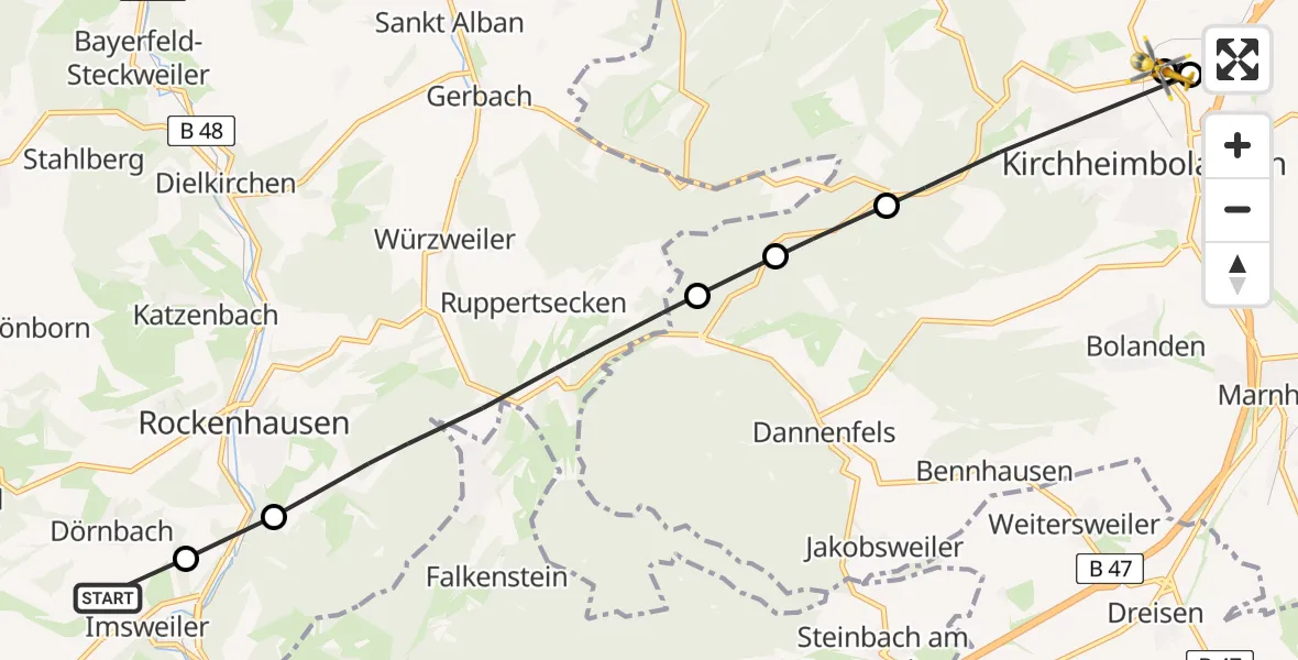 Flugroute Rettungshubschrauber Imsweiler UL - Kirchheimbolanden, 02 Juli 2026, 15:44