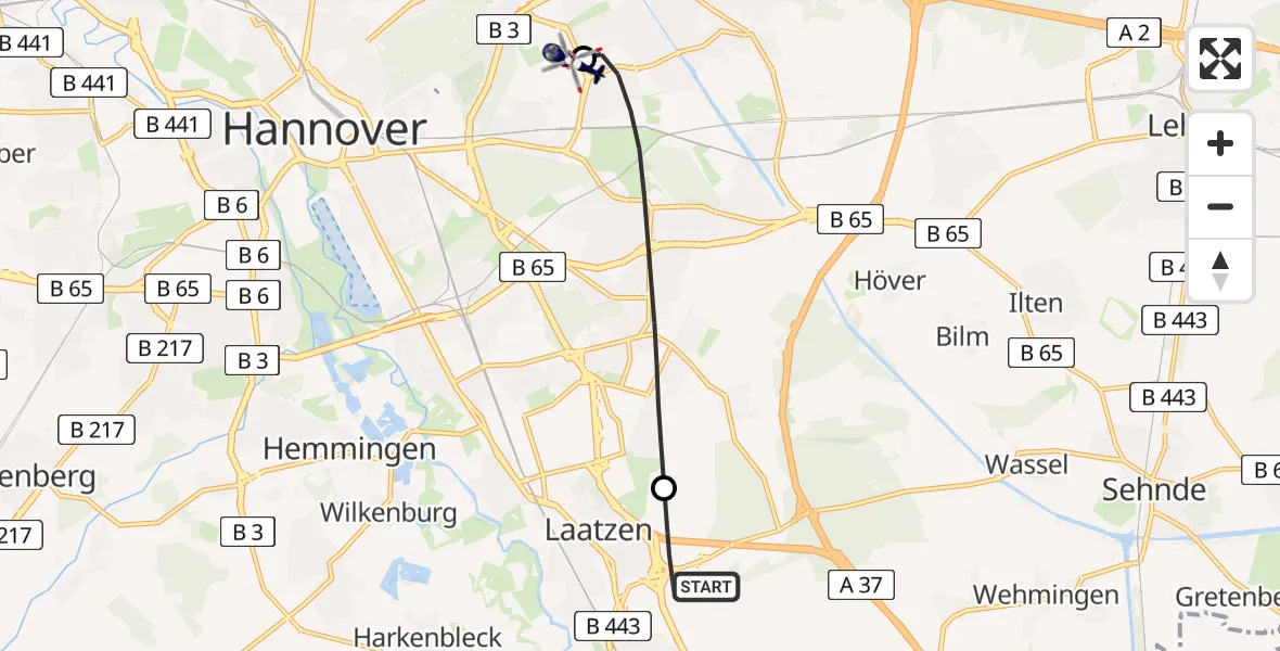 Flugroute Polizeihubschrauber Laatzen - Hannover Luftrettung Hubschrauberlandeplatz (Christoph 4), 02 Juli 2026, 15:45