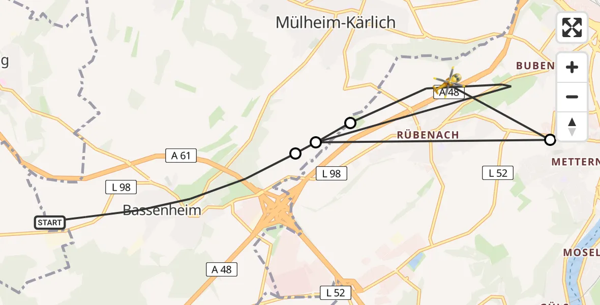 Flugroute Rettungshubschrauber Bassenheim - Koblenz, 02 Juli 2026, 15:57