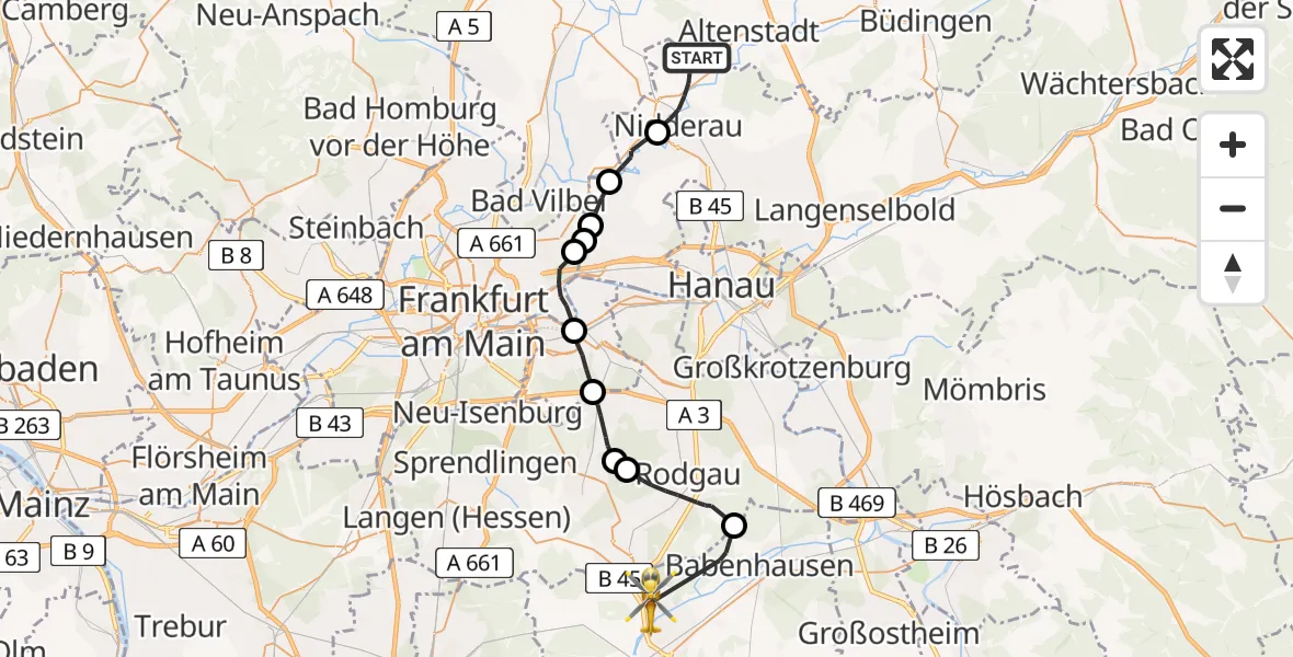 Flugroute Ambulanzhubschrauber Nidderau - Münster (Hessen), 02 Juli 2026, 15:58