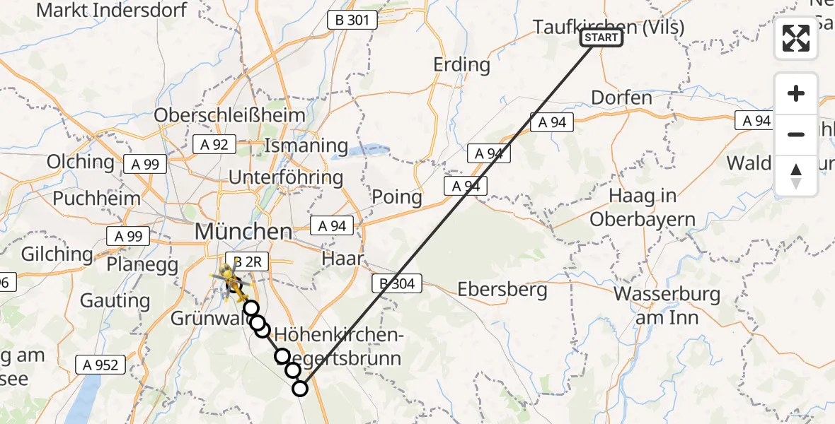 Flugroute Rettungshubschrauber Taufkirchen (Vils) - ADAC Air Rescue Center Hubschrauberlandeplatz (Christoph 1), 02 Juli 2026, 16:00