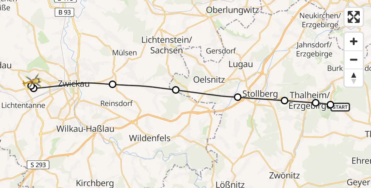 Flugroute Rettungshubschrauber Auerbach - ADAC Air Rescue Station Zwickau Hubschrauberlandeplatz, 02 Juli 2026, 16:02