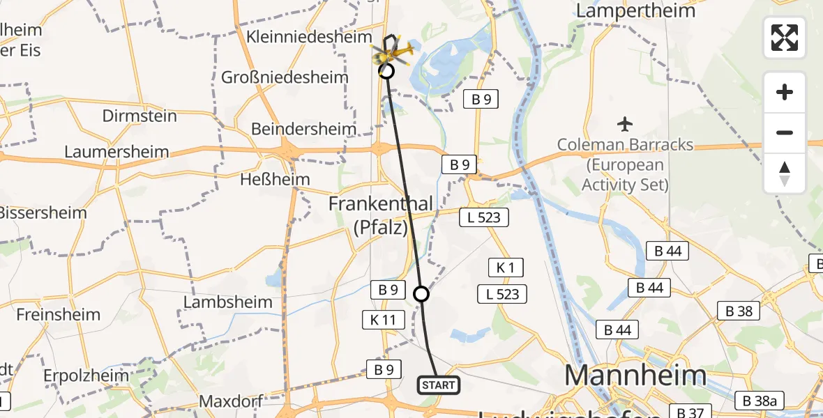 Flugroute Rettungshubschrauber Ludwigshafen am Rhein - Bobenheim-Roxheim, 02 Juli 2026, 16:03