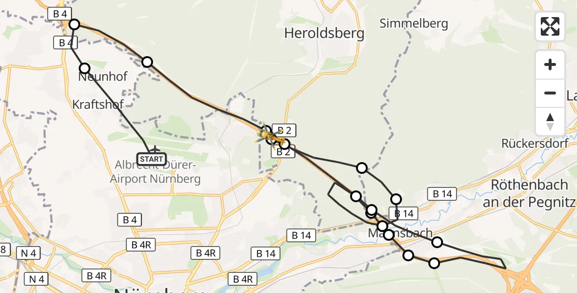 Flugroute Ambulanzhubschrauber Flughafen Nuremberg - Kraftshofer Forst, 02 Juli 2026, 16:12