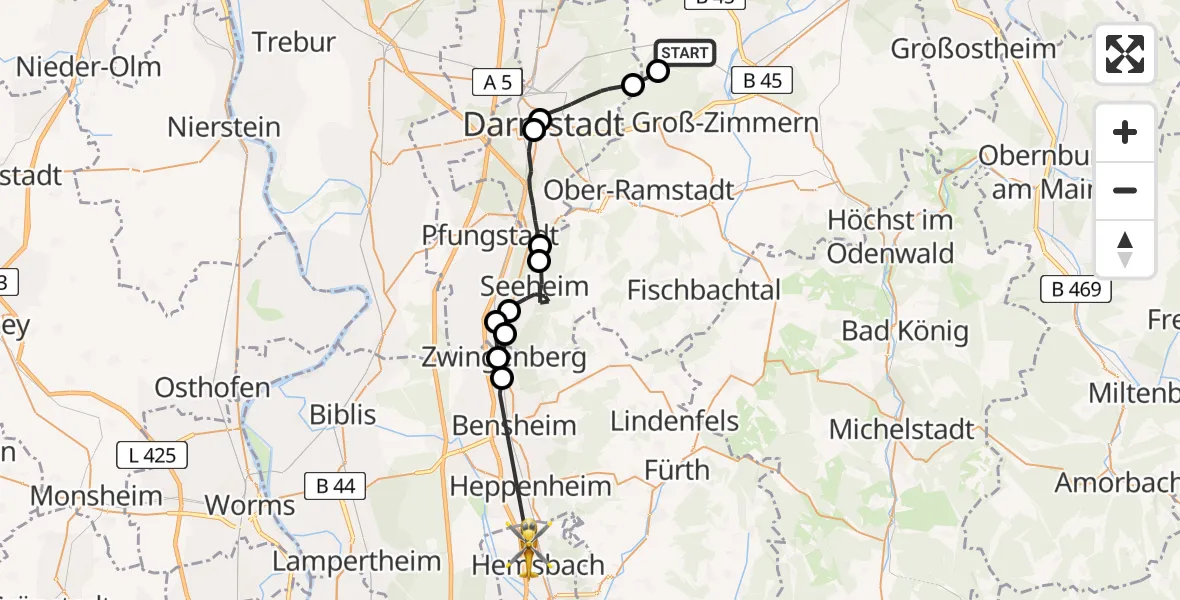 Flugroute Ambulanzhubschrauber Dieburg - Laudenbach, 02 Juli 2026, 16:13