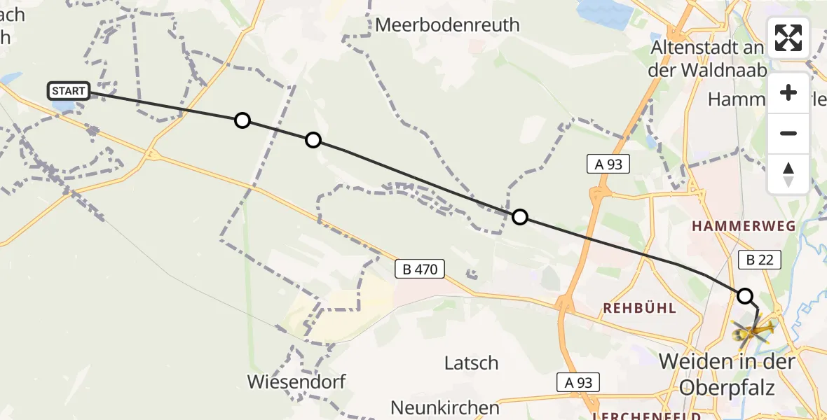 Flugroute Rettungshubschrauber Schwarzenbach - Weiden Hospital, 02 Juli 2026, 16:14