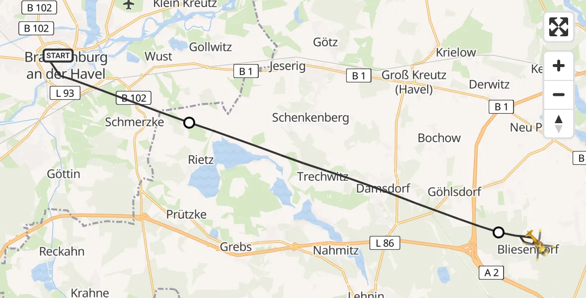 Flugroute Rettungshubschrauber Brandenburg an der Havel - Werder (Havel), 02 Juli 2026, 16:21