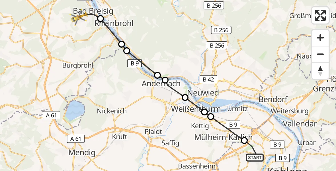 Flugroute Rettungshubschrauber Koblenz - Bad Breisig, 02 Juli 2026, 16:25