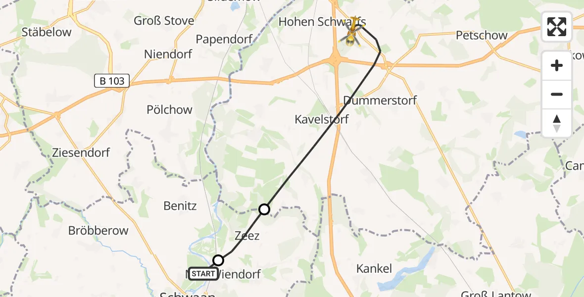 Flugroute Ambulanzhubschrauber Schwaan - Dummerstorf, 02 Juli 2026, 16:31