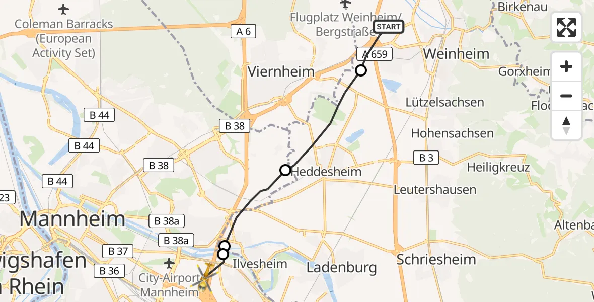 Flugroute Ambulanzhubschrauber Weinheim - Mannheim, 02 Juli 2026, 16:32