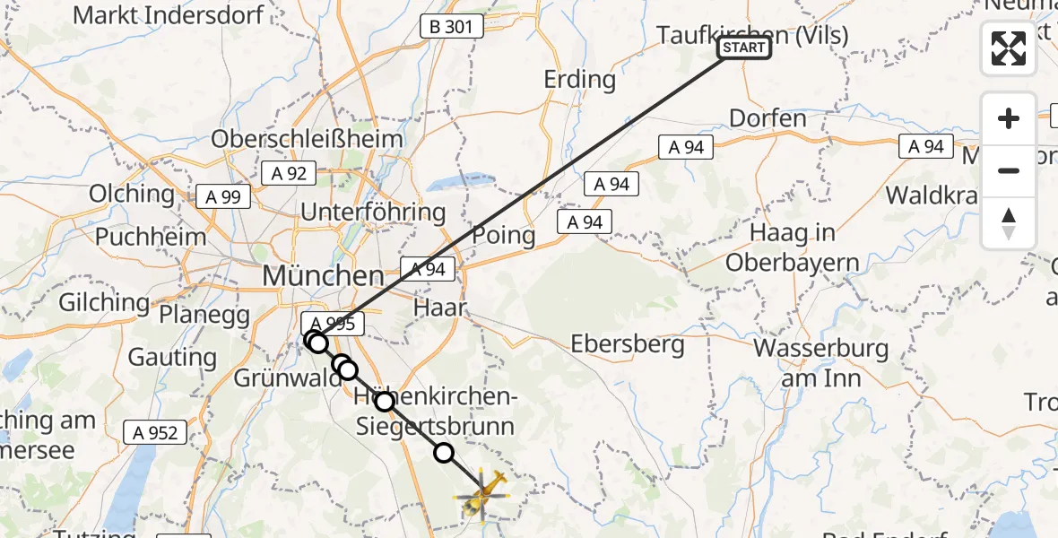 Flugroute Rettungshubschrauber Taufkirchen (Vils) - Aying, 02 Juli 2026, 16:36