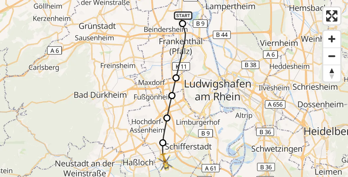 Flugroute Rettungshubschrauber Bobenheim-Roxheim - Böhl-Iggelheim, 02 Juli 2026, 16:37